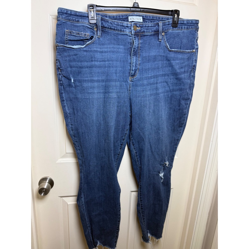 Ava & Viv Womens Plus Size 24W Skinny Jeans Medium Wash Distressed Raw Hem